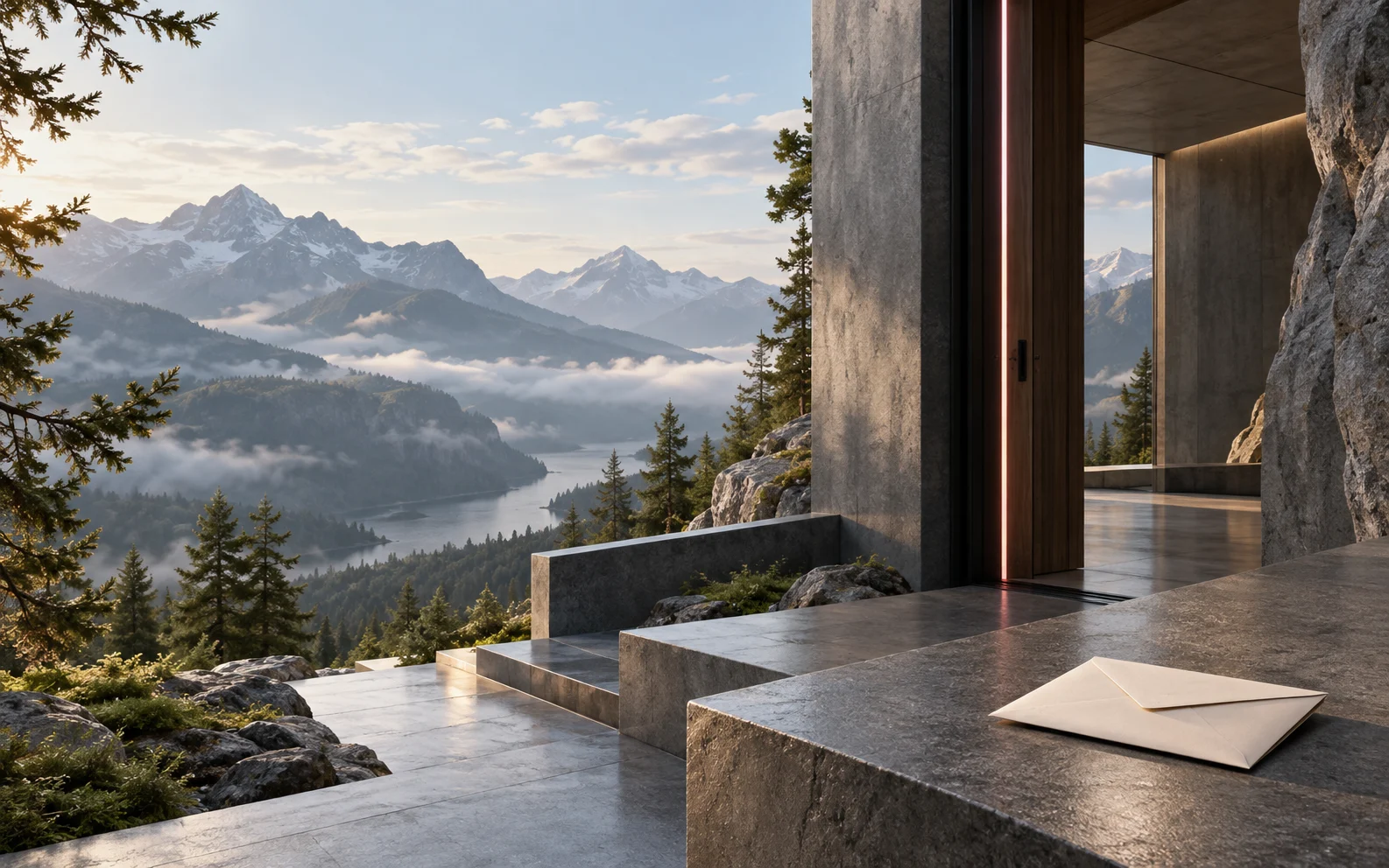 A single blank welcome envelope rests beside an open graphite threshold overlooking a quiet alpine valley.