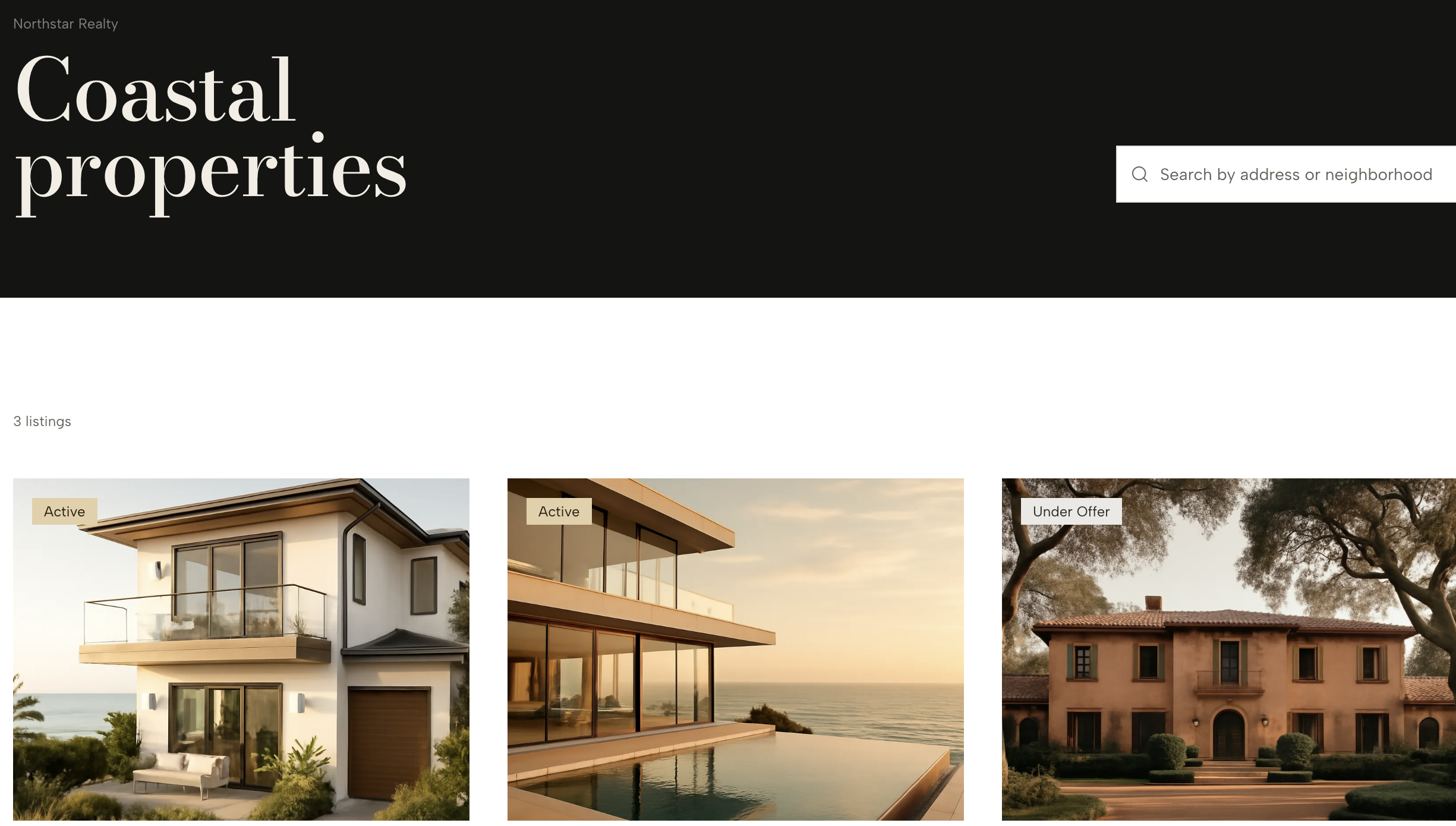 Sample member portal with search and three property cards connected to custom objects