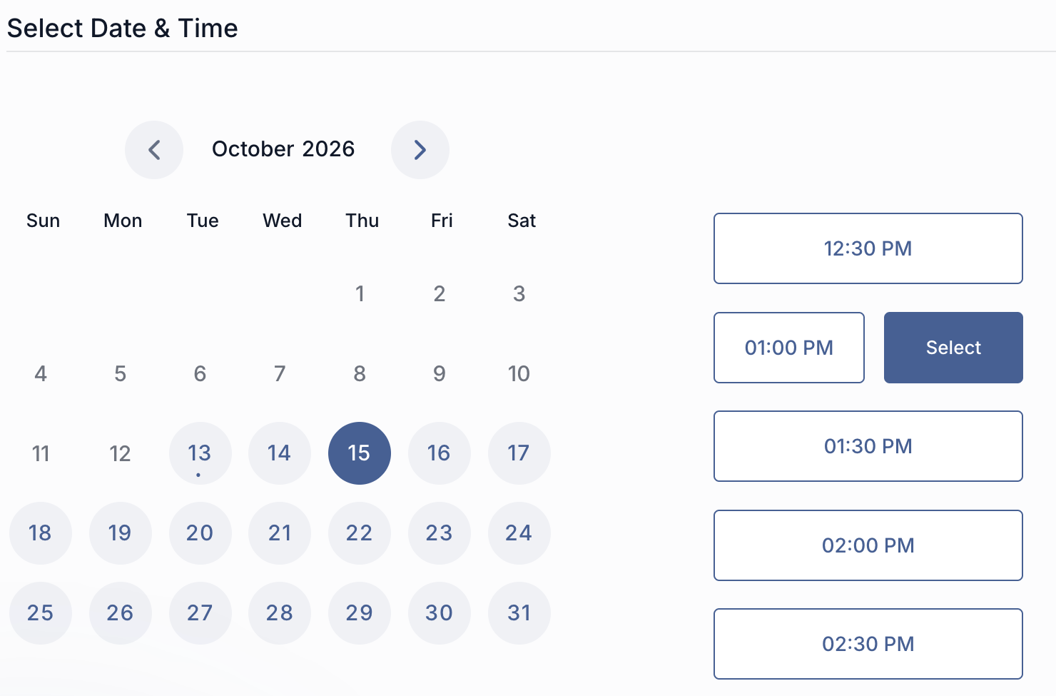 Public service-booking date and time picker showing October 2026 example dates and available-time buttons