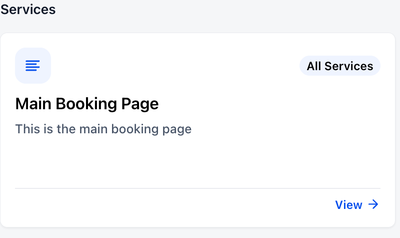 Services catalogue with the generic Main Booking Page card, All Services label and View link