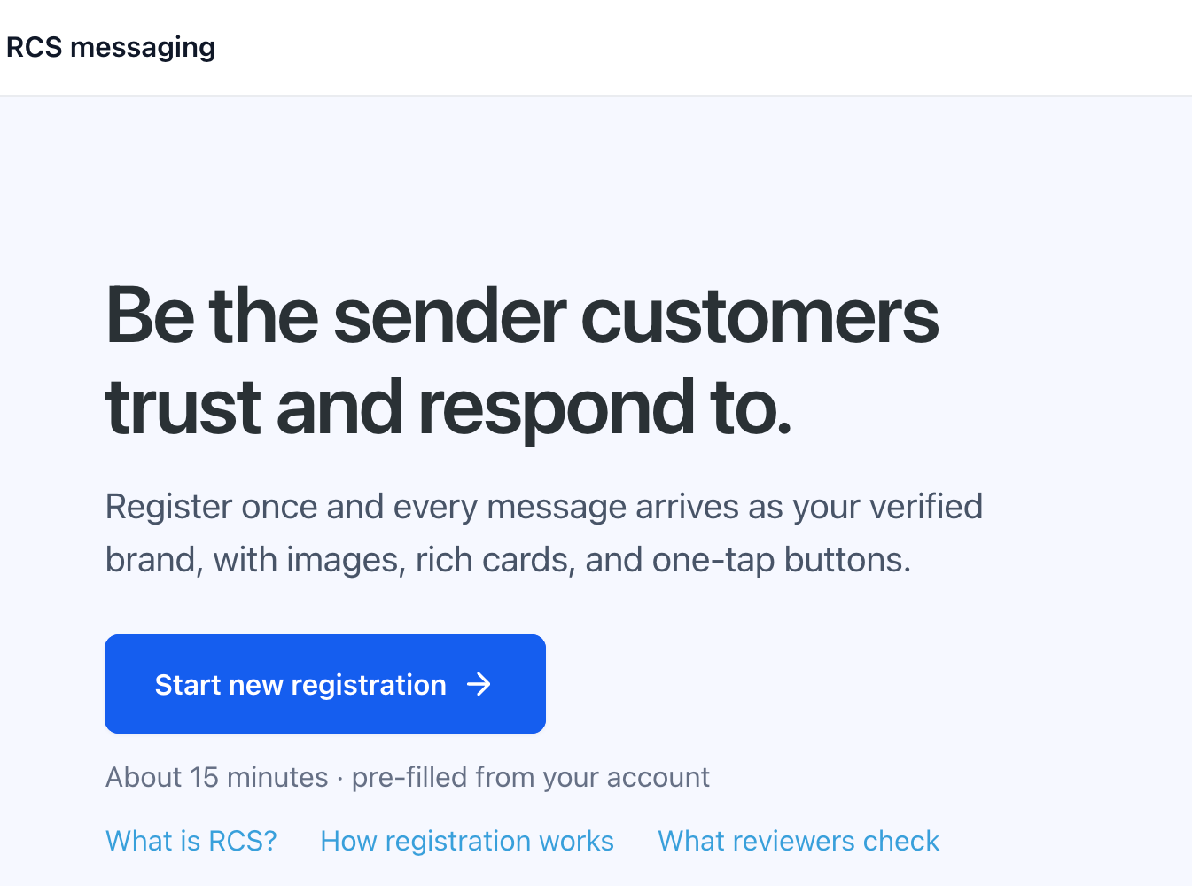 RCS Messaging onboarding screen with a Start new registration control