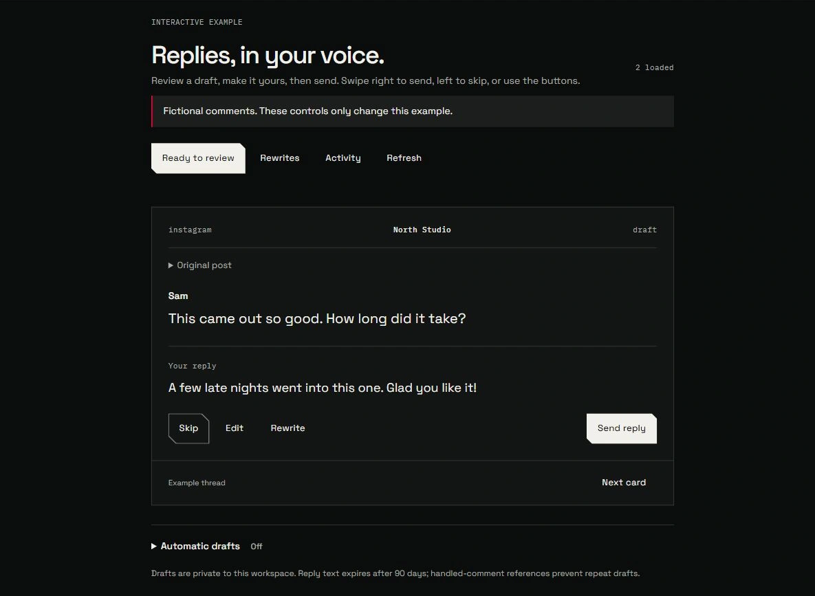 The fictional Creator Agents reply review view showing a draft and edit, rewrite and skip controls.