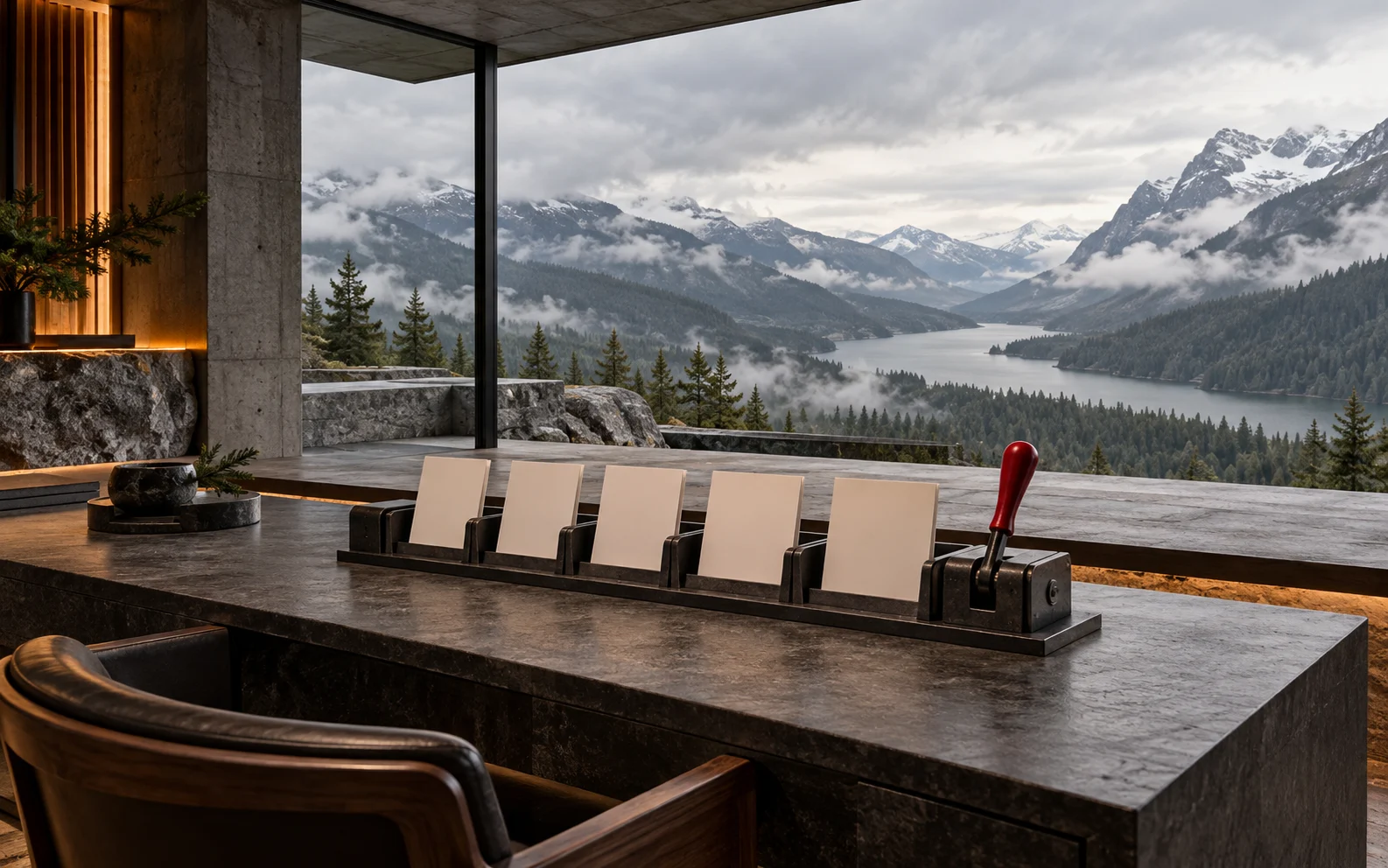 Blank reply sheets wait beside a manual red release lever on an alpine review desk.