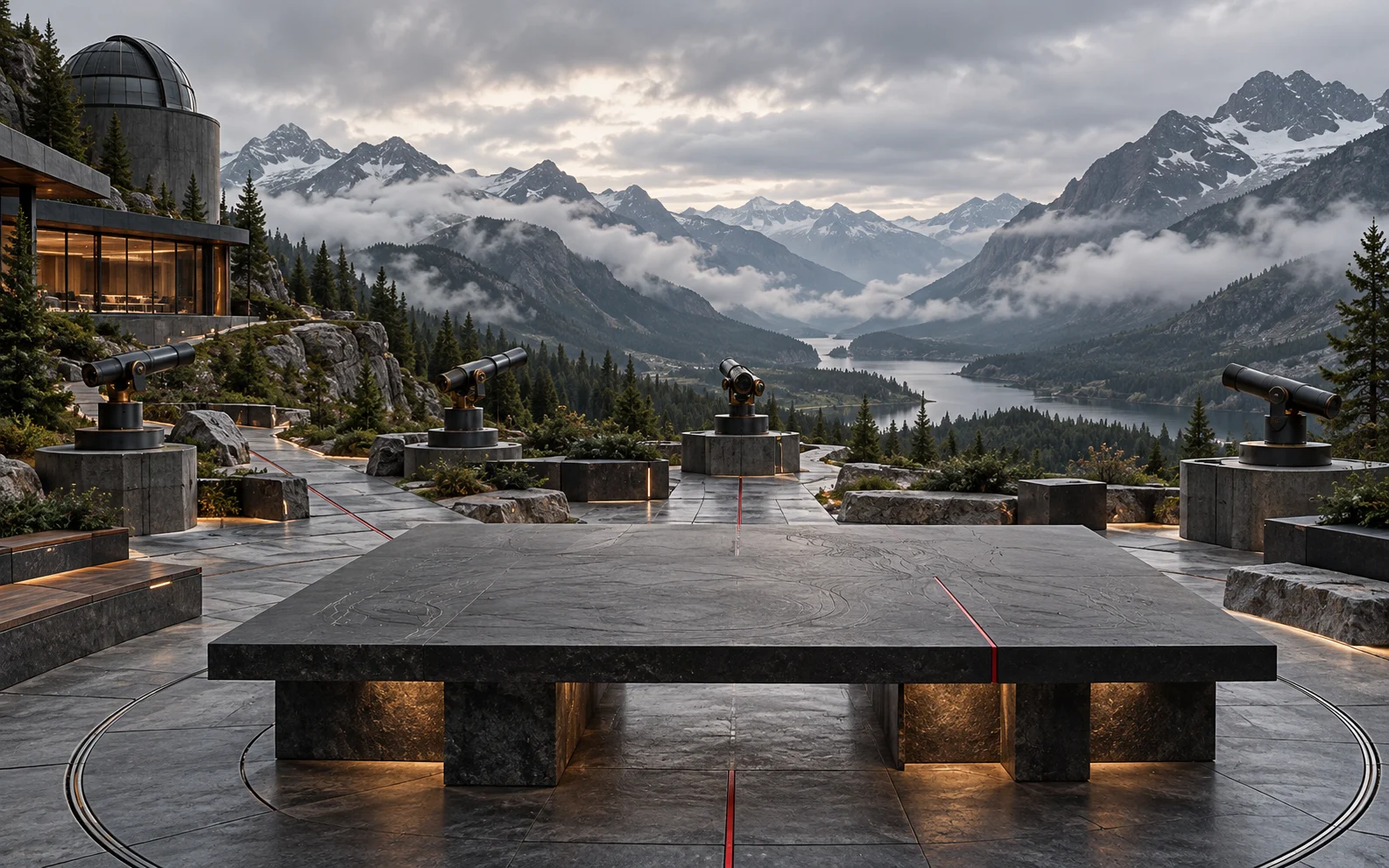 Alpine observation instruments face neighboring ridgelines around a graphite planning table.