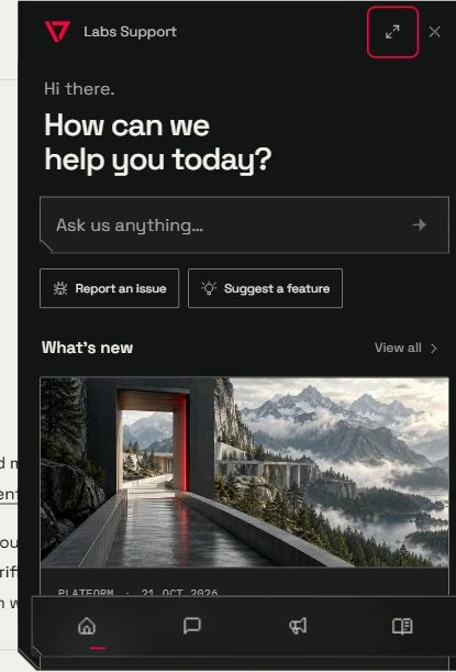 The public Labs Support home panel showing question entry, issue and feature actions, recent updates and navigation.