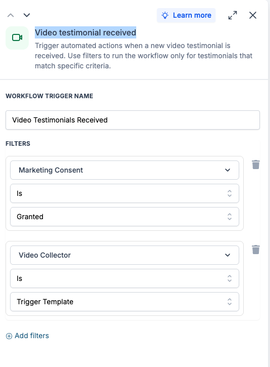 Video testimonial workflow trigger with marketing consent and collector filters.