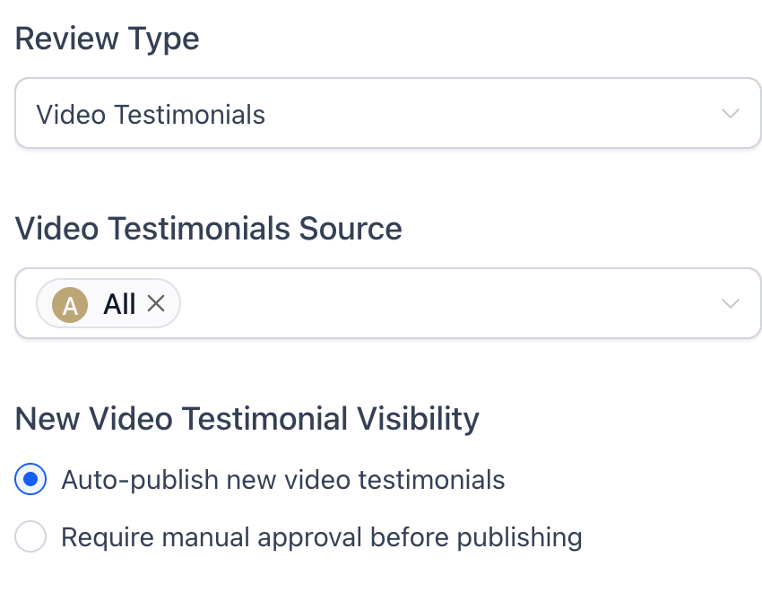 Video testimonial widget controls for automatic publication or manual approval.
