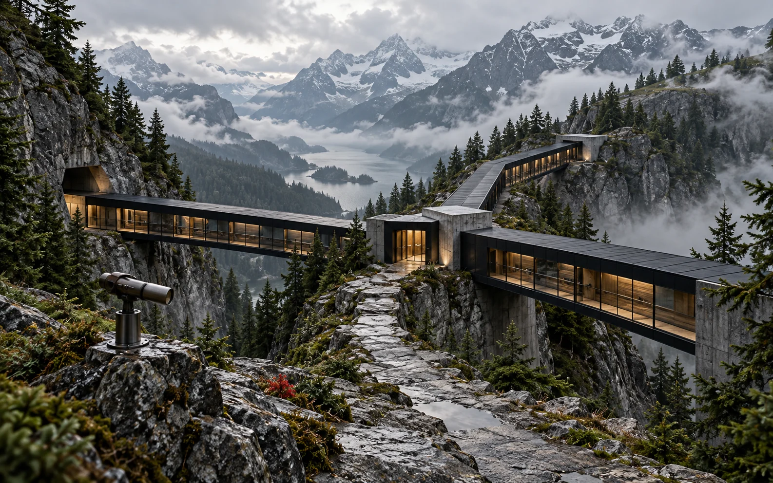 Three maintained alpine walkways meet at a compact graphite routing station.