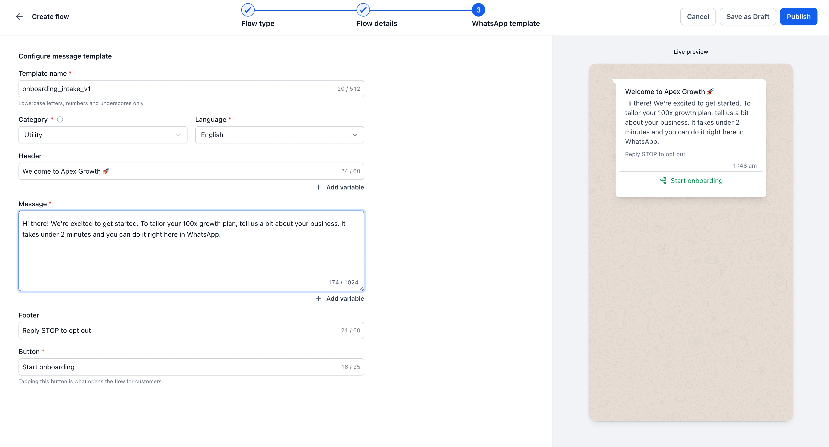 Public example of WhatsApp Flow template configuration beside its in-chat preview.