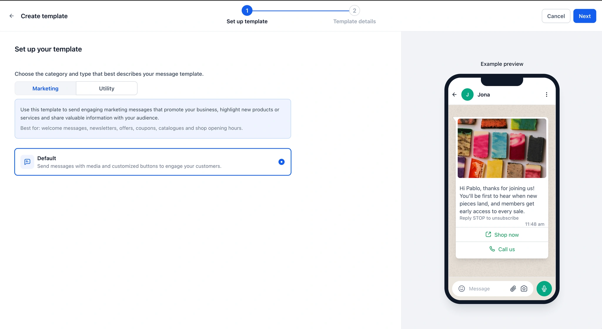 The WhatsApp message editor showing a marketing template and its live phone preview.