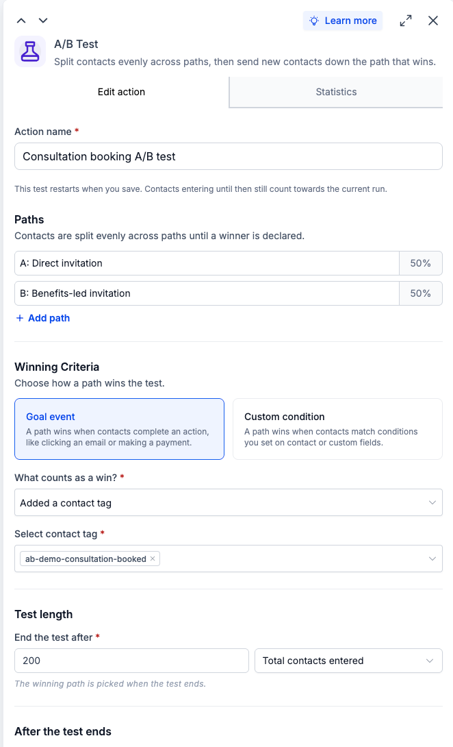 Workflow A/B Test configuration with two equal paths, goal criteria and a contact-count stopping rule.