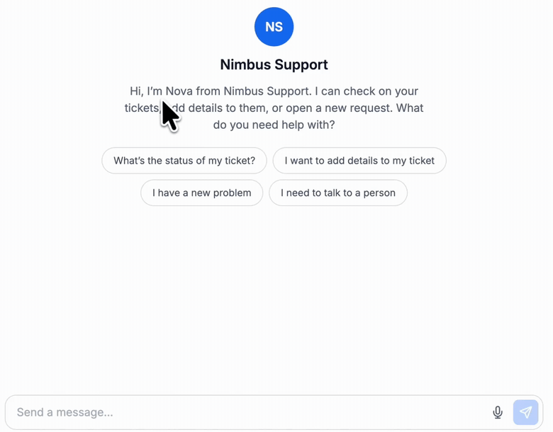 Nimbus Support example hosted agent chat with welcome copy, suggested prompts and an empty message box.
