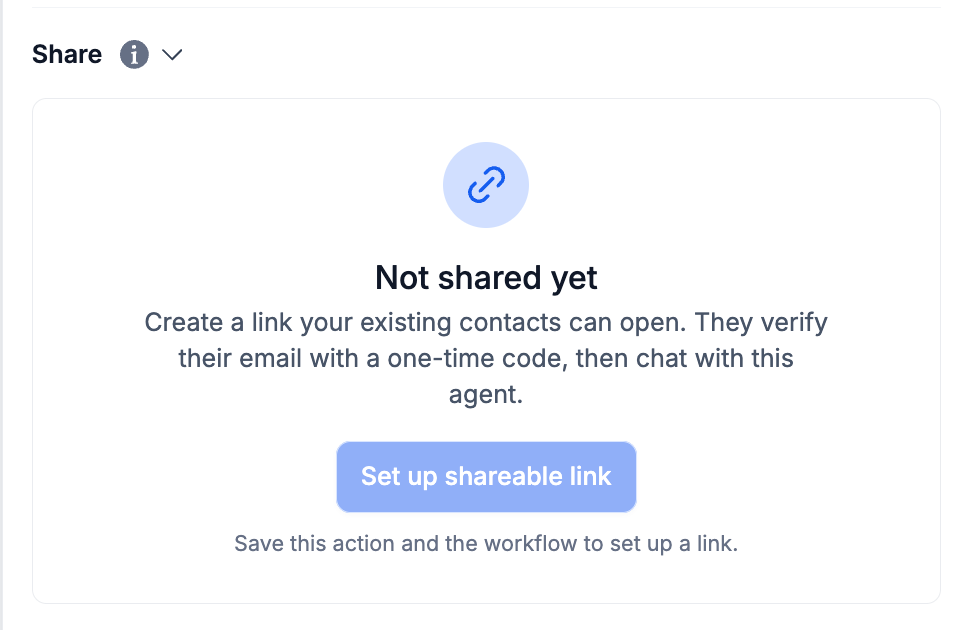 AI Agent action Share section explaining email-code verification for existing contacts and the requirement to save the action and workflow.