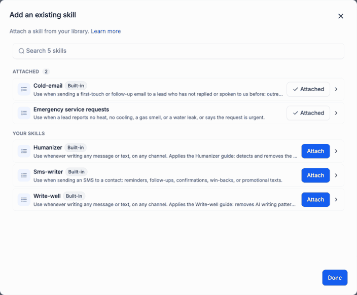 Skill library showing attached rows, Built-in labels and Attach controls