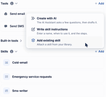 Native workflow AI Agent Tools and Skills area with three options to add a skill