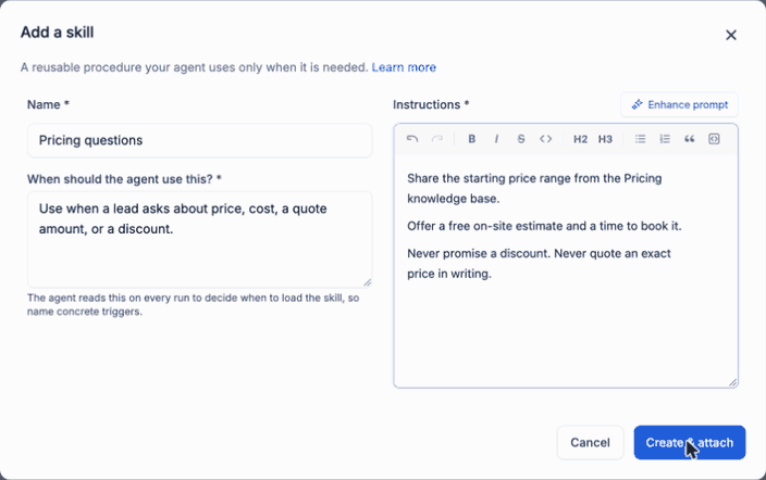 Add a skill editor with a name, use condition and complete sample Pricing questions instructions