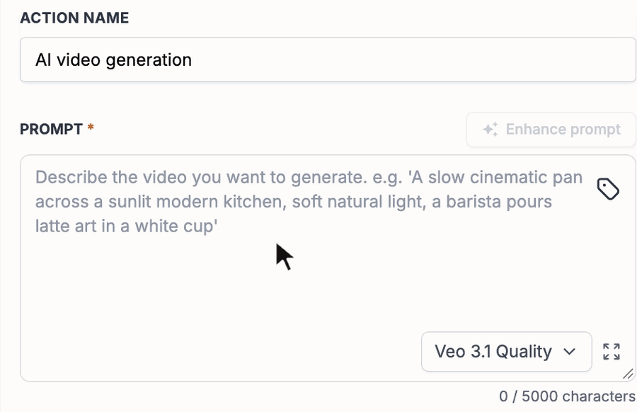 AI video generation action prompt field with Veo 3.1 Quality selected