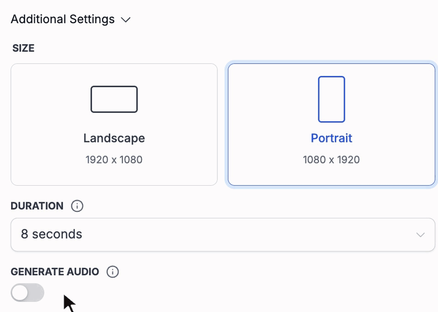 Video action settings with Portrait orientation, eight seconds and Generate Audio switched off