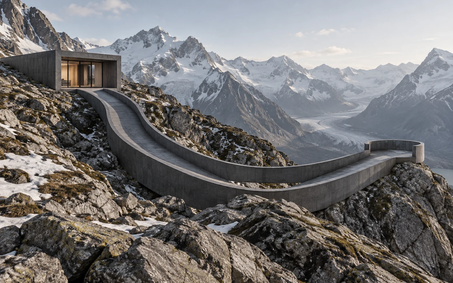 Conceptual alpine architecture illustrating build and compare workflow paths with more context. This is artwork, not a product screen.