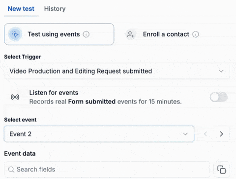 Workflow test panel with event testing, contact enrolment, trigger choice and a fifteen-minute event listener.