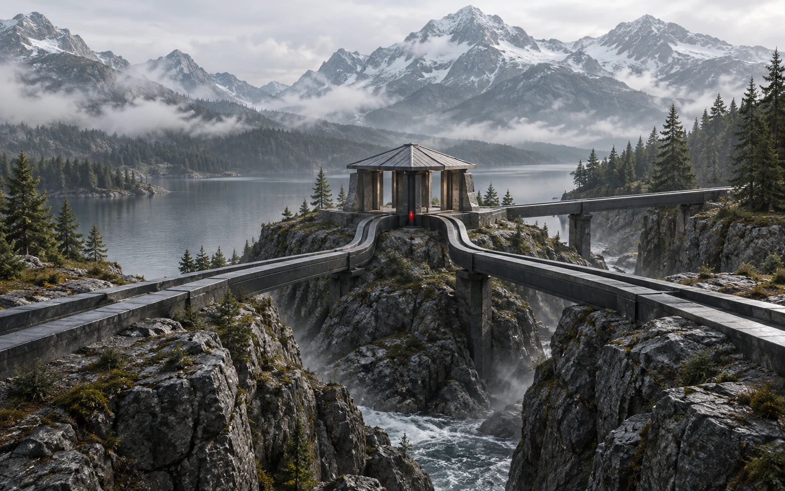 Conceptual graphite relay pavilion joining two receiving channels across a rocky alpine ravine.