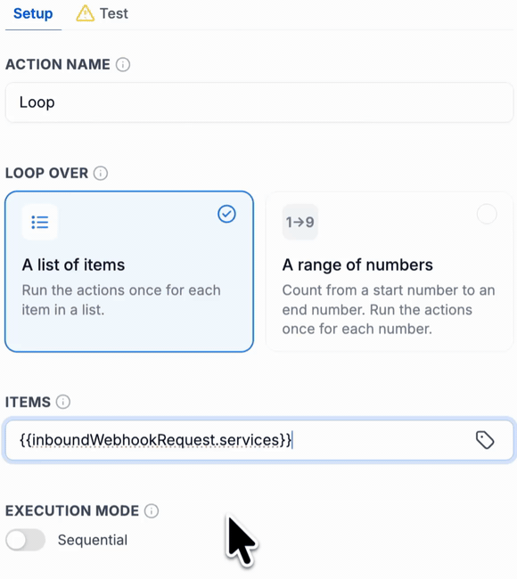 Loop settings with a list of webhook services and Sequential execution selected