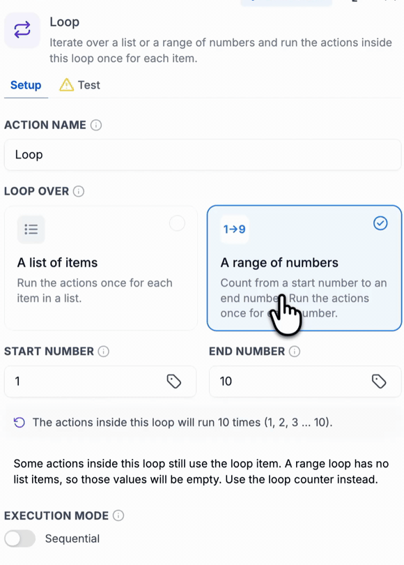 Loop range settings from one to ten with an empty-list warning and Sequential execution