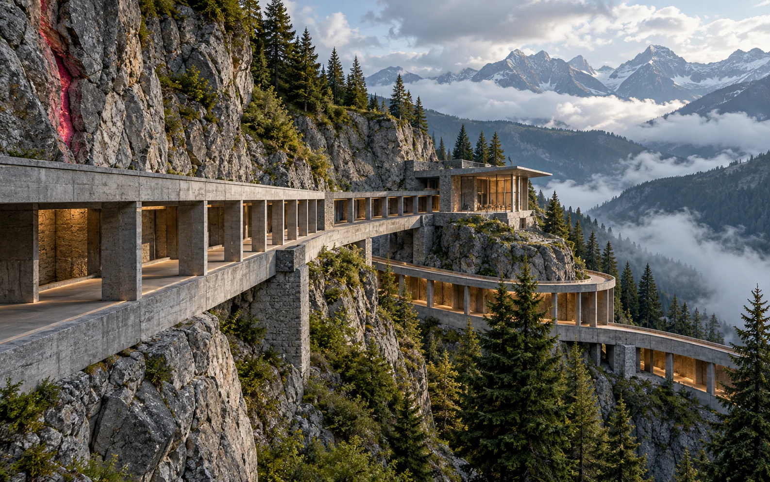 Maintained alpine switching gallery with repeated bays and branching concrete paths