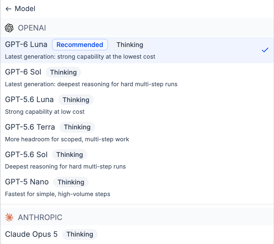 Native workflow model picker including GPT-6 Luna and GPT-6 Sol.
